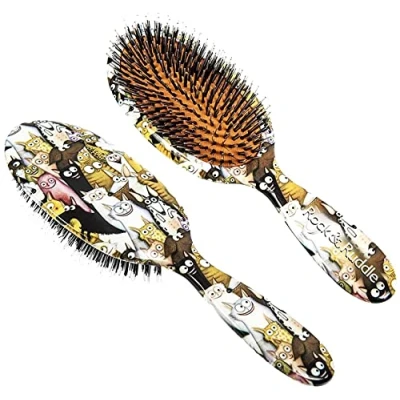 Image of Rock &amp; Ruddle Natural Mixed Boar Bristle Hair Brush for Women and Kids (Large, 21cm) Perfect Wet or Dry Hair, Detangling Smoothing Blowdrying Designed Made in UK Cats Dogs Design
