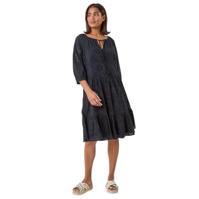 Image of Roman Originals Women Broderie Tiered Smock Dress Ladies Spring Holiday Summer Casual V Neckline Short Sleeve Relaxed Lined Comfy Dresses Cotton Frill Black Size 14