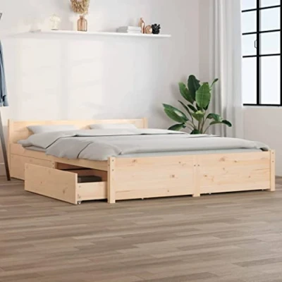 Image of vidaXL King Size Bed Frame with Storage Drawers and Comfortable Headboard Solid Pinewood Bedroom Furniture