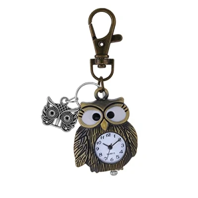 Image of JewelryWe Classic Key Chain Watch Novelty Owl Keyring Vintage Quartz Pocket FOB Clip on Watch, for Mothers Day