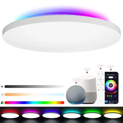 Image of LUTW Smart LED Ceiling Light with RGB Backlight, 24W Dimmable Remote Control 2400LM 2700K 6500K IP54 Waterproof Bathroom Lights Work Alexa, Google Home Ø28CM