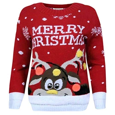 Image of janisramone® Kids Christmas Jumpers, 3D Pom Reindeer Marry Rudolph Jumper for Boys, Novelty Pullover Long Sleeves Xmas Knitted Girls, Crew Neck Unisex Sweater Top
