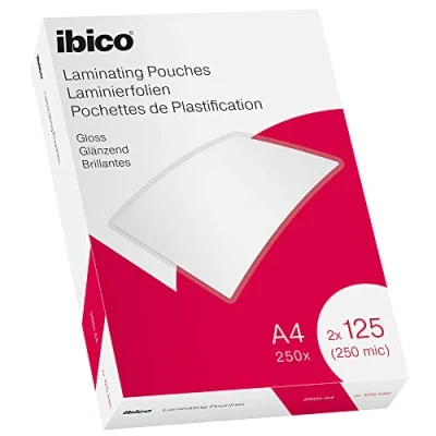 Image of Ibico A4 Laminating Pouches, 250 Micron (2x125), High Document Protection &amp; Durability, Pack of 250, Gloss Finish, Crystal Clear, 628605