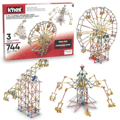 Image of K&#039;NEX , Thrill Rides 3 in 1 Classic Amusement Park Building Set 744 Piece Kids for Creative Play, Three Fair Ground Rides, Suitable Boys and Girls Ages 9+ Basic Fun 17035