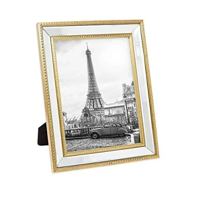 Image of Isaac Jacobs 8x10 Gold Mirror Bead Picture Frame Classic Mirrored with Dotted Border Made for Wall Display, Tabletop, Photo Gallery and Art (8x10, Gold)