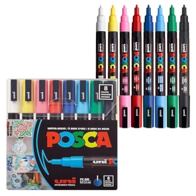 Image of uni POSCA PC 3M Water Based Paint Markers, Reversible Fine Tip, Assorted Colors, Pack Of 8 Markers