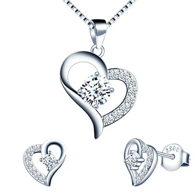 Image of Yumilok Silver Jewellery Set for Women, 925 Sterling Heart Stud Earrings &amp; 45cm Necklace Pendant Set, with White AAA Cubic Zirconia, Allergy Free Mother Wife Girlfriend