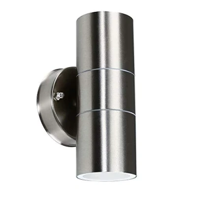 Image of MiniSun Modern IP44 Rated Brushed Chrome Outdoor Garden Up/Down Security Wall Light Complete with a LED Dusk to Dawn Sensor Bulbs [4000K]