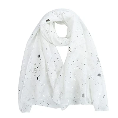Image of London Scarfs Silver Gold Glitters Shimmer Foil Stars Women Scarf Shawl Wrap (White)