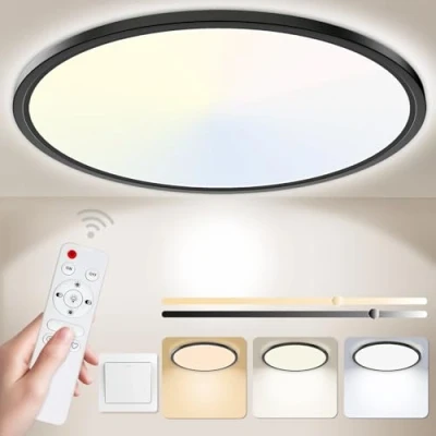 Image of Yexati Bathroom Light 24W 3200LM 30cm Dimmable with Remote Control 6500K 3000K, IP54 LED Ultra Thin Flush Ceiling Round for Kitchen Toilet Porch Bedroom Utility Room Black