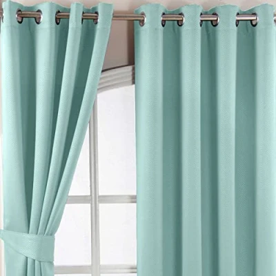 Image of HOMESCAPES Pastel Blue Eyelet Ring Top Blackout Thermal Curtains Pair Width 117cm (46&quot;) x 228cm (90&quot;) Drop Herringbone Chevron Textured Retro Geometric Design FREE SWATCHES