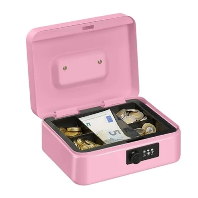 Image of Relaxdays Cash Box, Coin Counter Tray Combination Lock Change &amp; Notes, Steel, H x W D: 8.5 20 17 cm, Pink