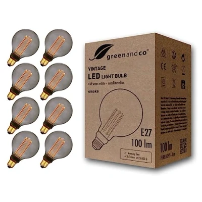 Image of greenandco 8X Vintage Design LED Bulb for Mood Lighting E27 G95 Smoke 4W 100lm 1800K Extra Warm White 320 230V Flicker Free Non dimmable Edison