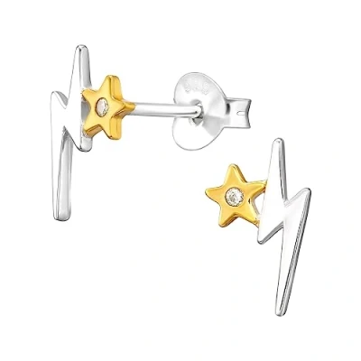 Image of The Rose &amp; Silver Company Women Girls 925 Sterling CZ Lightning Bolt Gold Plated Stud Earrings