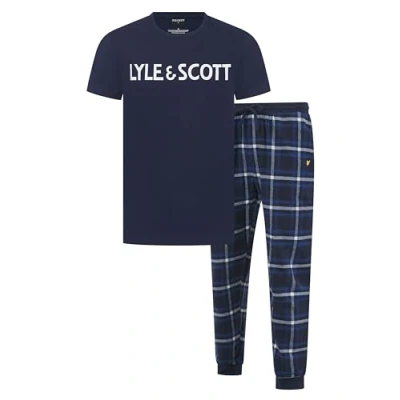 Image of Lyle &amp; Scott Men’s Kelso Cotton Pyjama Set New for AW24 Comfortable T Shirt and Checkered Pants Casual Sleepwear Men (L, Regular, Peacoat/Nautical Blue Check)