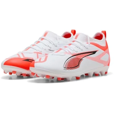 Image of Puma Ultra 5 Match MG JR Unisex Moulded stud football boots for kids, Size: 13K, White/black/glowing red Textile/synthetics
