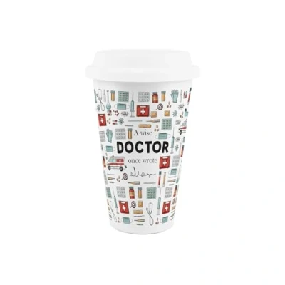 Image of Doctor Ceramic Travel Mug Novelty New Job Trades Gift for Workers Reusable Silicone Lid Double Walled Insulated Hot/Cold Drinks Cup Present