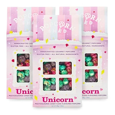 Image of Popcorn Shed 3 x Unicorn Gourmet Popcorn, Gift Box, Multicoloured Candy Floss Caramel Natural and Gluten Free Movie Night Snack, 80 g