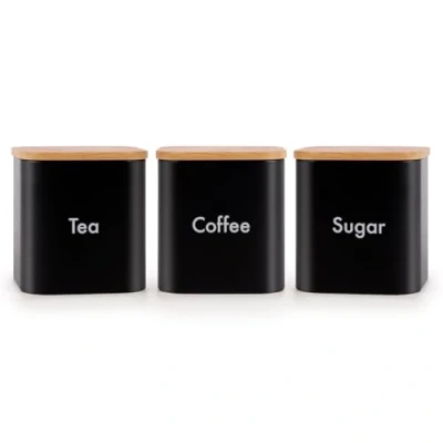 Image of EHC Set of 3 Tea, Coffee &amp; Sugar Canister Storage Jar Container With Airtight Wood Lid, Black