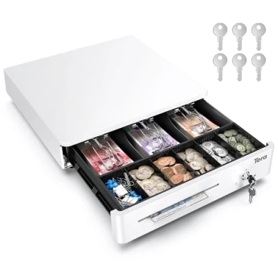 Image of Tera Cash Register Drawer Box with 3 Bill 4 Coin Tray for Point of Sale (POS) System, Removable Compartment, 12V, RJ12 Key Lock, Media Slot Stores, Shops and Businesses, 330R