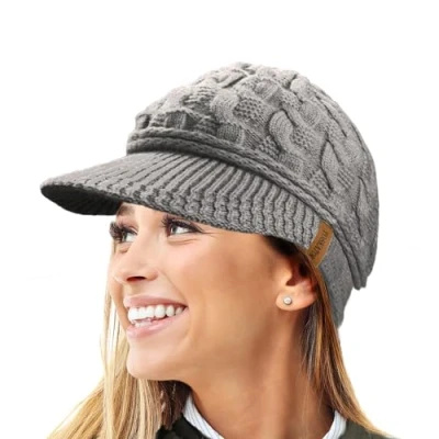 Image of TOSKATOK Ladies Peaked Cable Knit Warm R80 Teddy Fleece Lined Beanie Winter Hat Cap Grey