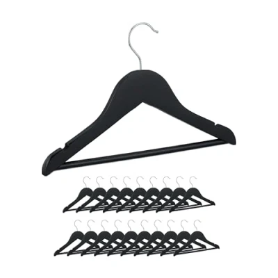 Image of Relaxdays Children&#039;s Clothes Hangers, Set of 20, Wooden, Swivel Hook, with Bar &amp; Notches, 19 x 30.5 1 cm, Black, Wood