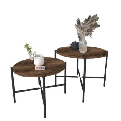 Image of URBNLIVING 2 Piece Round Wooden Nesting End Table Set with Metal Legs Ideal for Coffee and Side Tables, Modern Living Room Furniture, Space Saving Design (Burnt Oak)