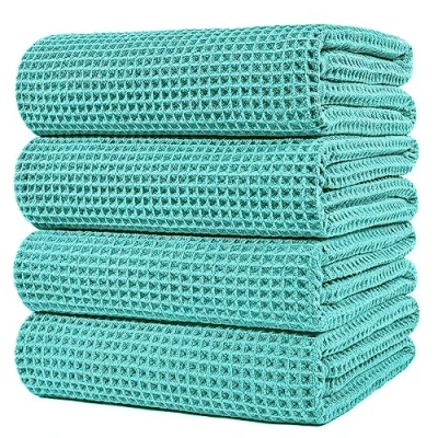 Image of POLYTE Microfibre Oversize Quick Dry Lint Free Bath Towel, 152 x 76 cm, 4 Pack (Aqua, Waffle Weave)