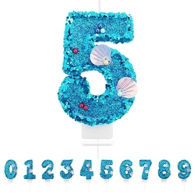 Image of Number 5 Candle,Blue Mermaid Birthday Candles for Girl,Cake Topper Decoration Girls Party