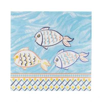 Image of Talking Tables 20 x Fish Paper Napkins Souk Mediterranean Inspired Serviettes, Summer Picnic, Garden Party Supplies, Disposable, Yellow, Ocean Blue