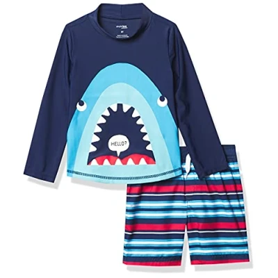 Image of Simple Joys by Carter&#039;s Baby Boys&#039; Swimsuit Trunk and Rashguard Set Rash Guard, Navy Shark/Red Stripes, 12 Months
