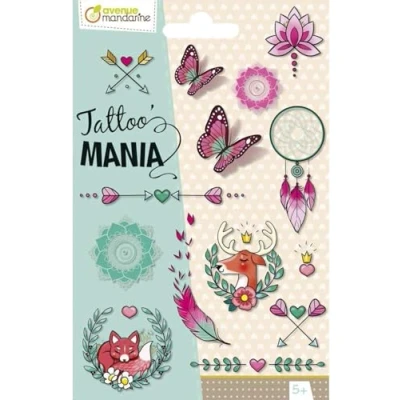 Image of Avenue Mandarine Ref CC054C Tattoo Mania Temporary Tattoos Bohemian Designs 1 Sheet of 10 Tattoos, Water Erasable, Dermatologically Tested, Suitable for Ages 5+