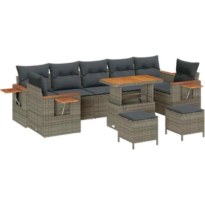 Image of vidaXL 10 Piece Garden Sofa Set with Cushions Grey Poly Rattan Acacia