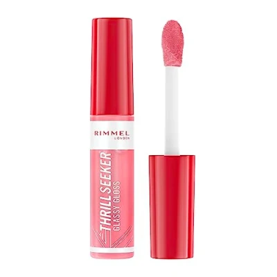 Image of Rimmel Thrillseeker Glassy Gloss 500 Pine to the Apple, Hydrating Shine, Hyaluronic Acid, Anti Oxidant Complex, Non Sticky, Big Applicator, Healthy Looking Lips, Delicious Scent, Vegan, Cruelty Free