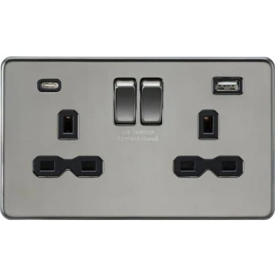 Image of KnightsBridge 13A 2G SP Screwless Switched Socket with Dual USB A+C Black Nickel, Insert