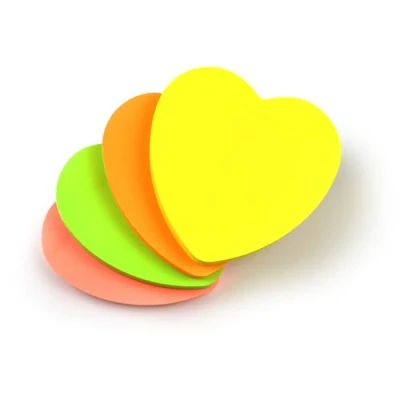 Image of Evergreen Goods 4 Pads Heart Shaped Bright Coloured Neon Sticky Post Notes Removable Adhesive Assorted Colours (Yellow, Orange, Peach, Green) 100 Sheets Per Pad 76x76mm (3&quot;x3&quot;)