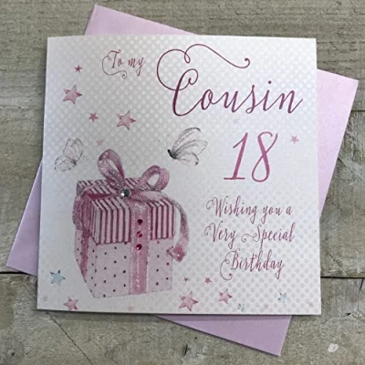 Image of white cotton cards Pink Present, To My Cousin 18 Happy Handmade 18th Birthday Card, White, WB160