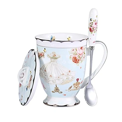 Image of YBK Tech Euro Style Porcelain Tea Cup Coffee Mug with Lid for Breakfast Home Kitchen ((Rose and Dress Pattern) (Blue))