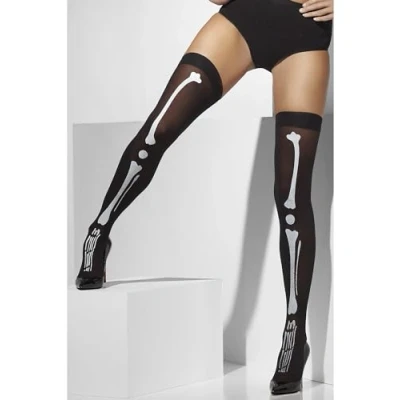 Image of Smiffys Opaque Hold Ups, Black with Skeleton Print, Fever Hosiery Fancy Dress, Dress Up Accessories