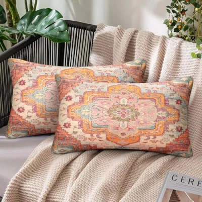 Image of Set of 2 Cushion Covers, 30 x 50 cm, Boho Turkish Cover, Linen Carpet Pattern, Double Sided Print, Modern, Geometric, Country House Style, Decorative Mandala