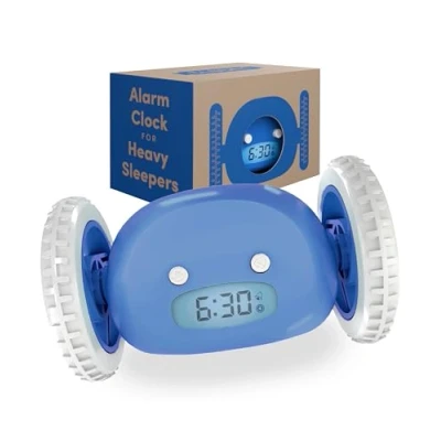 Image of CLOCKY Alarm Clock on Wheels (Authentic) Extra Loud for Heavy Sleeper (Adult or Kid Bed Room Robot Clockie) Funny, Rolling, Run away, Moving, Jumping (Blue)