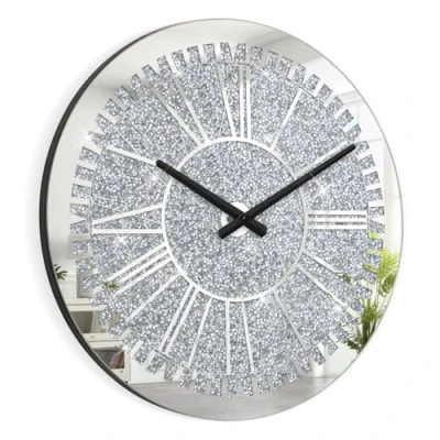 Image of Wall Clock Decorative Large Silver Mirror Crystal Crushed Diamond Round Sparkle Twinkle Bling Modern for Home Decor