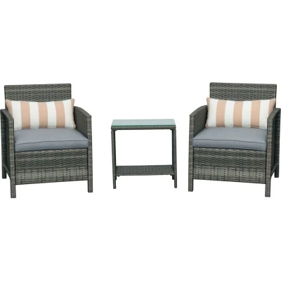 Image of Outsunny 3 Pieces Rattan Bistro Set, Wicker Garden Furniture Glass Top 2 tier Coffee Table and Chairs Set with Pillows Washable Cushions for Outdoor, Patio, Balcony, Grey