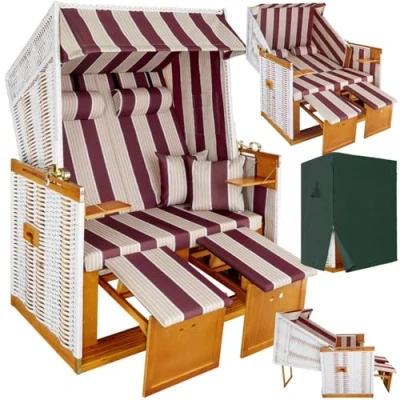 Image of TecTake® Beach Chair with Reclining Backrest, Includes 4 Position Lockable Top, 2 Padded Footrests, Neck Pillows, Indoor Cushions, Side Tables and Weather Resistant Cover dark stripes
