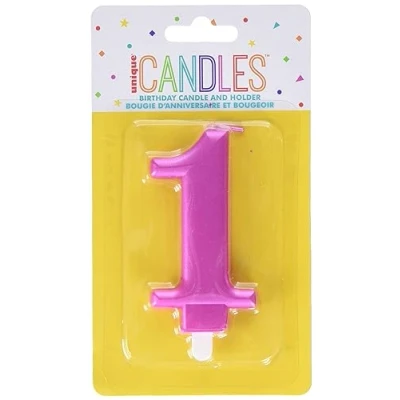 Image of Dazzling Metallic Pink Number 1 Birthday Candle Perfect Cake Topper for Unforgettable Milestones Pc