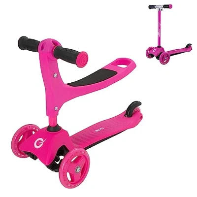 Image of EVO 3 IN 1 Cruiser Scooter Adjustable Handle Height Stage Interchangeable Design Seated Into 2 Wheeled Push Ideal First For Kids Ages 7 (Pink)
