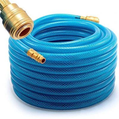 Image of DEUBA® 2X 20m Compressed Air Hose Fabric Reinforced PVC 15 Bar 1/4&#039; Quick Coupler Connection 6mm Internal Diameter 13mm External Compressor Line for Pneumatic Tools Blue