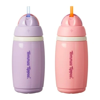 Image of Tommee Tippee Insulated Active Straw Cup, 266ml, Spill Proof Toddler Water Bottle for 12 Months+, Flip Lid Helps Keep Clean, Pink and Purple, 2 Pack