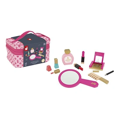 Image of Janod P&#039;tite Miss Vanity Case for Children 9 Solid Wood Accessories Included Pretend Play Toy Beauty and Cosmetic, J06514, Pink