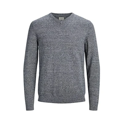 Image of JACK &amp; JONES Male Knitted V Neck Jumper, Blue/Grey (Navy Blazer Twisted With Jet Stream), XXL
